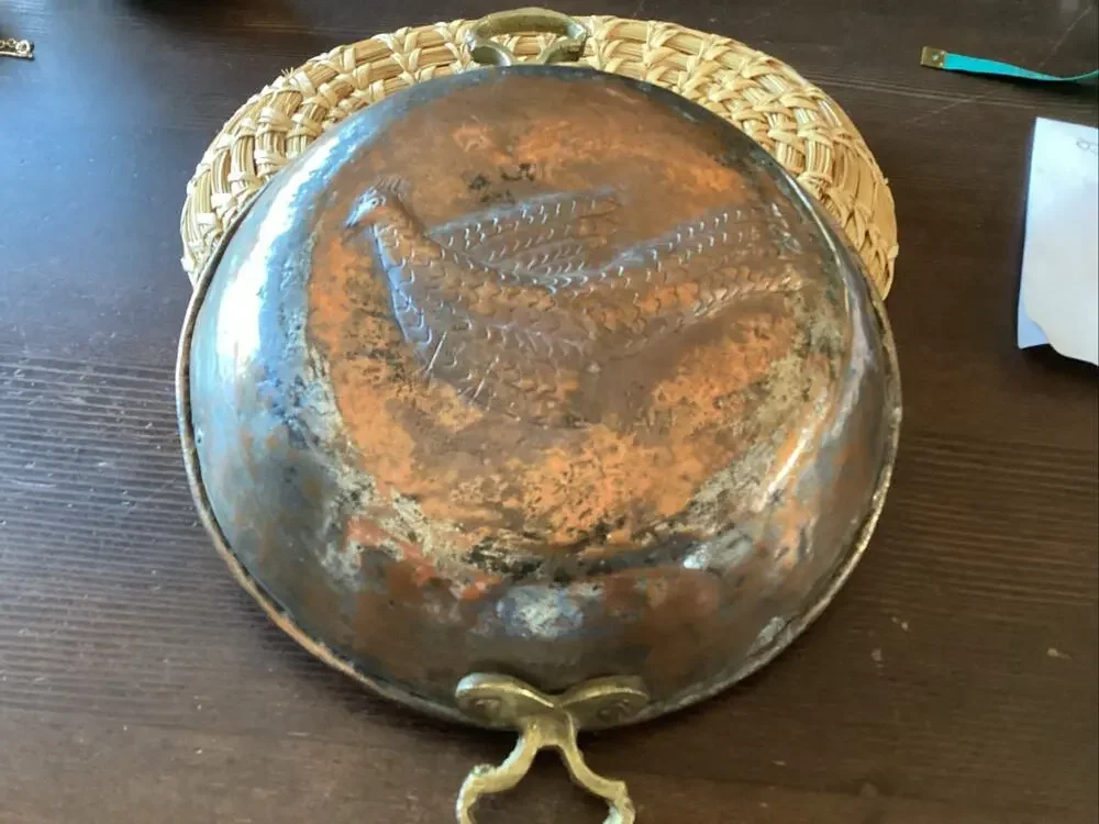 Antique hammered Tinned Copper brass handle primitive Bird Pan 9x 2